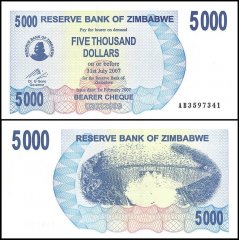 Zimbabwe 5,000 Dollars Bearer Cheque, 2007, P-45, UNC