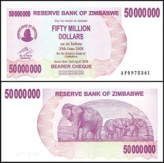 Zimbabwe 50 Million Dollars Bearer Cheque, 2008, P-57, UNC