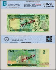 Fiji 2 Dollars Banknote, 1995, P-96s, UNC, Specimen, TAP 60-70 Authenticated
