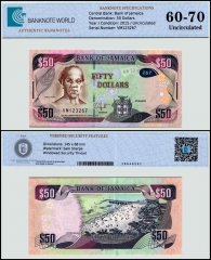 Jamaica 50 Dollars Banknote, 2015, P-94b, UNC, TAP 60 - 70 Authenticated
