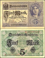 Germany 5 Mark Banknote, 1917, P-56b, UNC