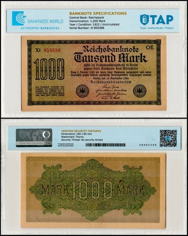 Germany 1,000 Mark Banknote, 1922, P-76b, UNC