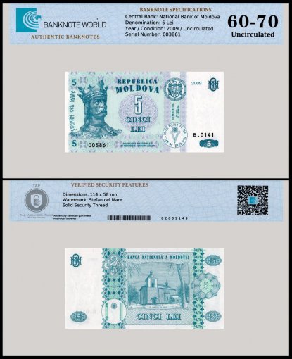 Moldova 5 Lei Banknote, 2009, P-9f, UNC, TAP 60-70 Authenticated