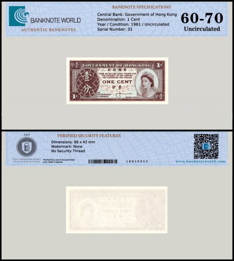 Hong Kong - Government 1 Cent Banknote, 1961-1971 ND, P-325a, UNC, TAP 60-70 Authenticated