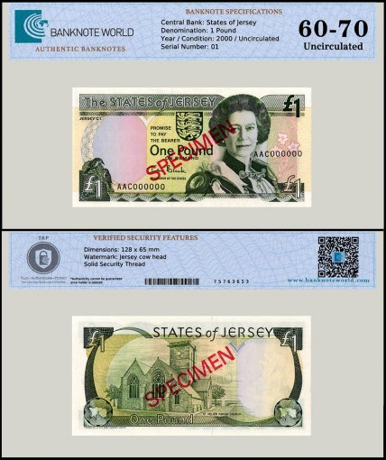 Jersey 1 Pound Banknote, 2000 ND, P-26bs, UNC, Specimen, TAP 60-70 Authenticated