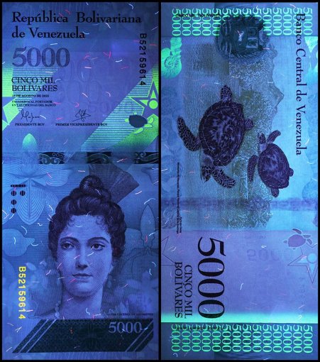 Venezuela 5,000 Bolivar Fuerte Banknote, 2016-2017, P-97, Used