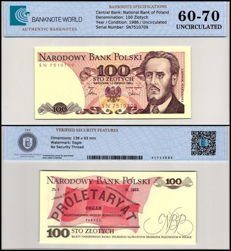 Poland 100 Zlotych Banknote, 1986, P-143e.1, UNC, TAP 60-70 Authenticated