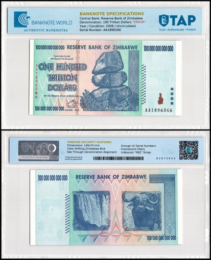 Zimbabwe 100 Trillion Dollars Banknote, 2008, AA, P-91, UNC, Error, TAP Authenticated