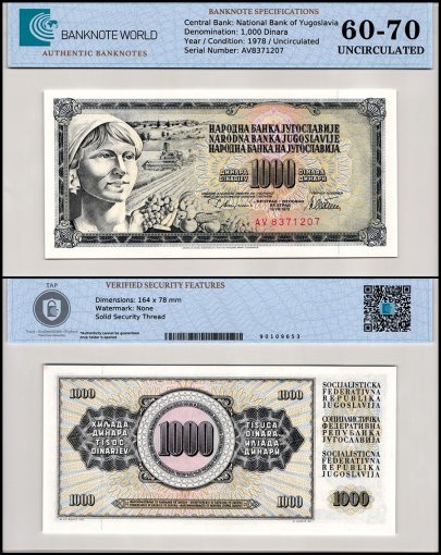 Yugoslavia 1,000 Dinara Banknote, 1978, P-92c, UNC, TAP 60-70 Authenticated