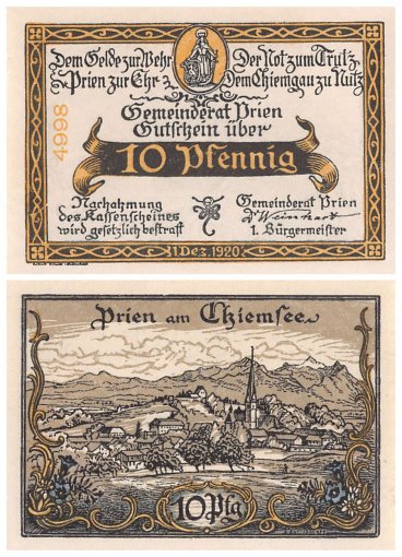 Prien 10 Pfennig - 1 Mark 4 Pieces Notgeld Set, 1920, Mehl #1074, UNC