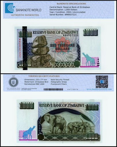 Zimbabwe 1,000 Dollars Banknote, 2003, P-12b, UNC, TAP Authenticated