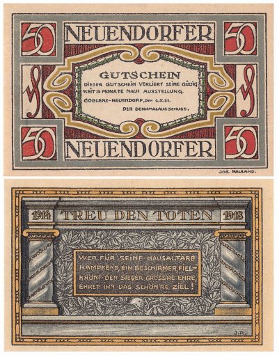 Coblenz Neuendorf 50-75 Pfennig 2 Pieces Notgeld Set, 1921, Mehl #235.1, UNC