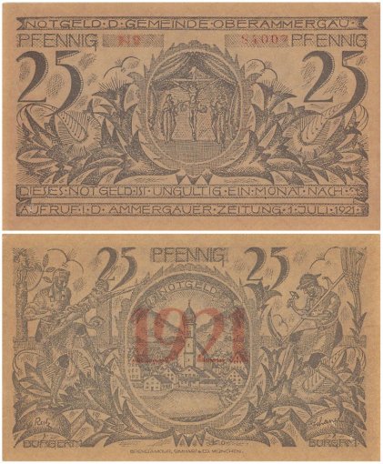Oberammergau 25 - 75 Pfennig 3 Pieces Notgeld Set, 1921, Mehl #992.5, UNC