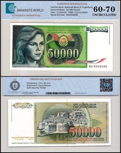 Yugoslavia 50,000 Dinara Banknote, 1988, P-96, UNC, TAP 60-70 Authenticated