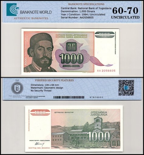 Yugoslavia 1,000 Dinara Banknote, 1994, P-140, UNC, TAP 60-70 Authenticated