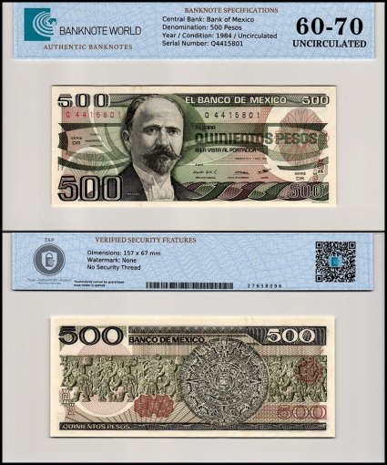 Mexico 500 Pesos Banknote, 1984, P-79b, UNC, Series DR, TAP 60-70 Authenticated