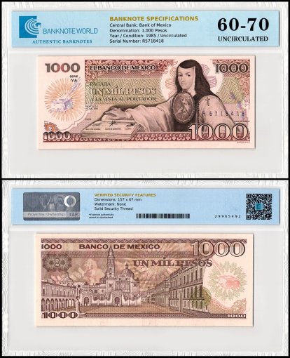 Mexico 1,000 Pesos Banknote, 1985, P-85a.8, UNC, Series YA, TAP 60-70 Authenticated
