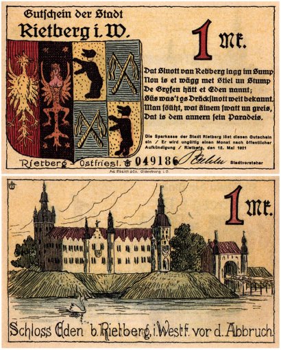 Rietberg 50 Pfennig - 5 Mark 4 Pieces Notgeld Set, 1921, Mehl #1123.1, UNC