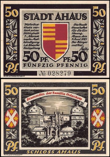 Ahaus 25-50 Pfennig 2 Pieces Notgeld Set, 1921, Mehl #3.1, UNC