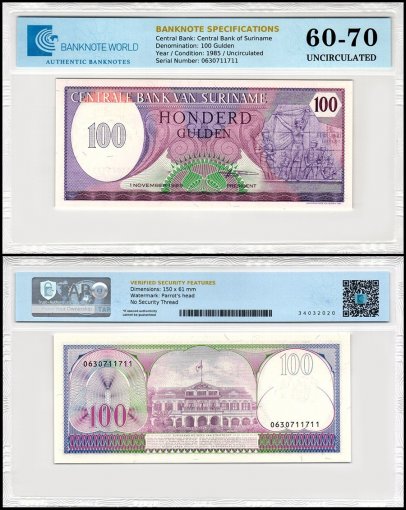 Suriname 100 Gulden Banknote, 1985, P-128b, UNC, TAP 60-70 Authenticated