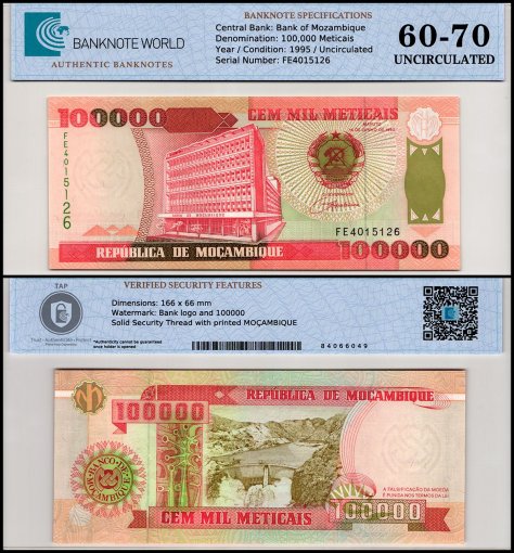 Mozambique 100,000 Meticais Banknote, 1993, P-139, UNC, TAP 60-70 Authenticated