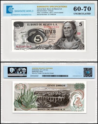 Mexico 5 Pesos Banknote, 1971, P-62b.2, UNC, Series 1AD, TAP 60-70 Authenticated