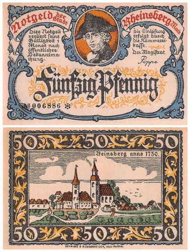 Rheinsberg 25-75 Pfennig 9 Pieces Notgeld Set, Mehl #1120.4a, UNC