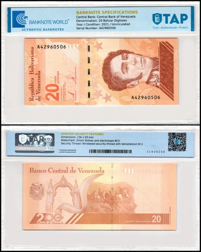 Venezuela 20 Bolivar Digital (Digitales) Banknote, 2021, P-117, UNC - 20 Million Soberano, TAP Authenticated
