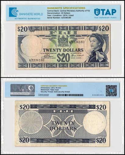 Fiji 20 Dollars Banknote, 1974 ND, P-75b, Used, TAP Authenticated