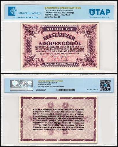Hungary 100,000 Adopengo Banknote, 1946, P-144e, Used, TAP Authenticated