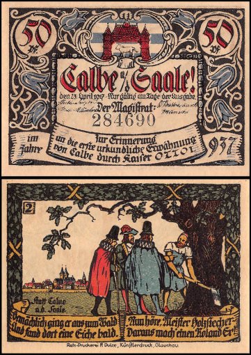 Calbe - Saale 50 Pfennig 6 Pieces Notgeld Banknote Set, 1917, Mehl #213.4, UNC