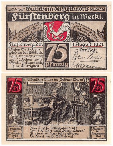 Fuerstenberg in Mecklenburg 10 Pfennig - 1 Mark 7 Pieces Notgeld Set, 1921, Mehl #402.1, UNC