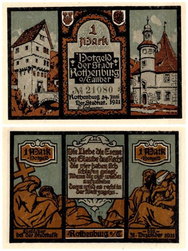 Rothenburg 1 Mark 5 Pieces Notgeld Set, 1921, Mehl #1142.5, UNC