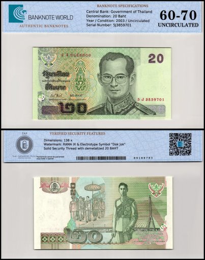 Thailand 20 Baht Banknote, 2003 ND, P-109a.9, UNC, TAP 60-70 Authenticated