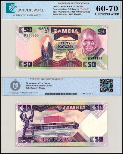 Zambia 50 Kwacha Banknote, 1986-1988 ND, P-28, UNC, Radar Serial #34/F 994499, TAP 60-70 Authenticated