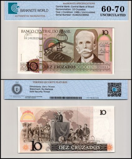 Brazil 10 Cruzados Banknote, 1986-1987 ND, P-209b, UNC, TAP 60-70 Authenticated