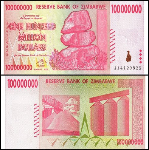 Zimbabwe 100 Million Dollars Banknote, 2008, P-80, UNC