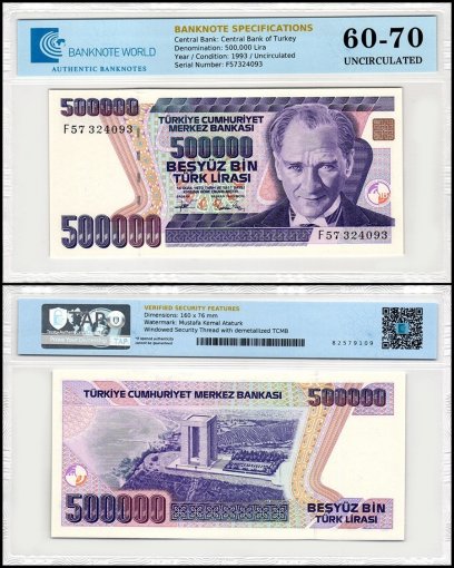 Turkey 500,000 Lira Banknote, L.1970 (1993 ND), P-208c, UNC, Prefix F, TAP 60-70 Authenticated