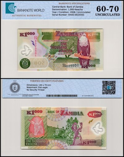 Zambia 1,000 Kwacha Banknote, 2008, P-44f, UNC, Polymer, TAP 60-70 Authenticated