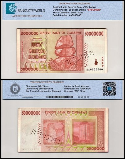 Zimbabwe 50 Billion Dollars Banknote, 2008, P-87s, Used, Specimen, TAP Authenticated