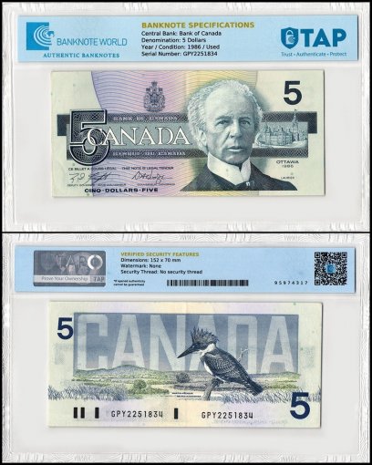 Canada 5 Dollars Banknote, 1986, P-95e, Used, TAP Authenticated