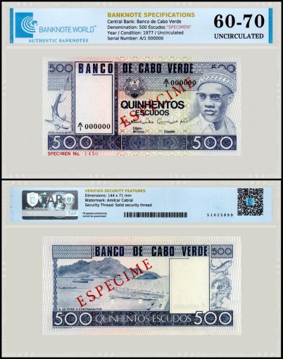 Cape Verde 500 Escudos Banknote, 1977, P-55s, UNC, Specimen, TAP 60-70 Authenticated