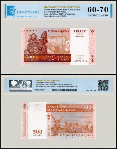 Madagascar 500 Ariary Banknote, 2004, P-88b, UNC, TAP 60-70 Authenticated