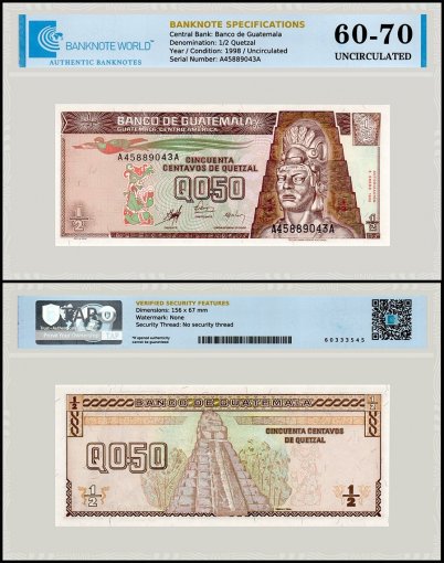 Guatemala 1/2 Quetzal Banknote, 1998, P-98, UNC, TAP 60-70 Authenticated