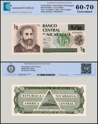 Nicaragua 1/2 Cordoba Banknote, 1991 ND, P-171, UNC, TAP 60-70 Authenticated
