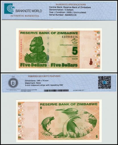 Zimbabwe 5 Dollars Banknote, 2009, P-93, UNC, TAP Authenticated
