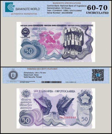 Yugoslavia 50 Dinara Banknote, 1990, P-101, UNC, TAP 60-70 Authenticated