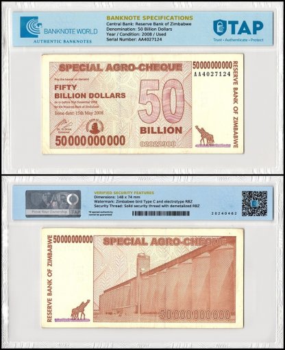Zimbabwe 50 Billion Dollars Special Agro Cheque, 2008, P-63, Used, TAP Authenticated