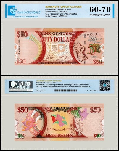 Guyana 50 Dollars Banknote, 2016, P-41, UNC, Commemorative, TAP 60-70 Authenticated