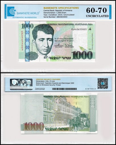 Armenia 1,000 Dram Banknote, 2015, P-59, UNC, TAP 60-70 Authenticated